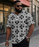 Men's Plus Size Daily Casual Grey Diamond Geometric Letter Print Henry Collar Button Short Sleeve T-Shirt